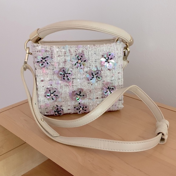 Handbags - Tweed purse with sequin florals.